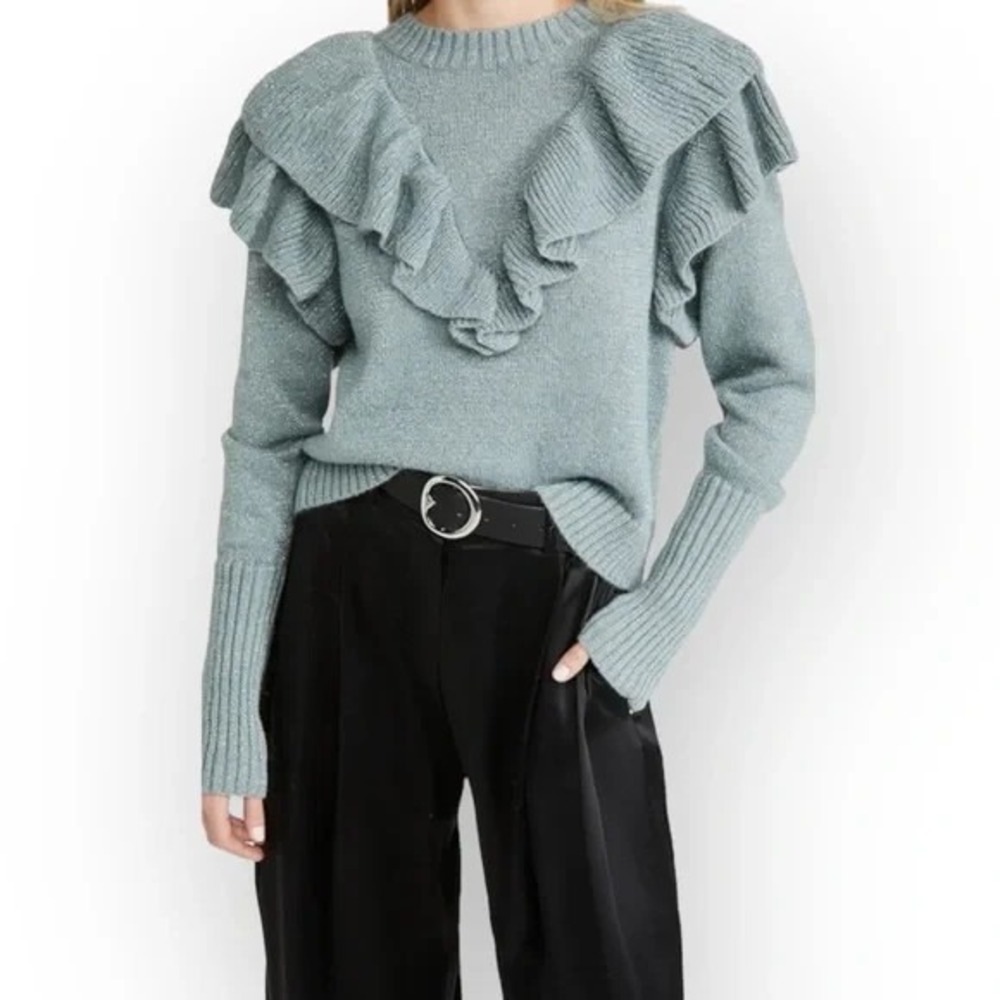 FARM Rio Sweater Womens S Blue Green Metallic Alpaca Wool Ruffle Boho Luxe